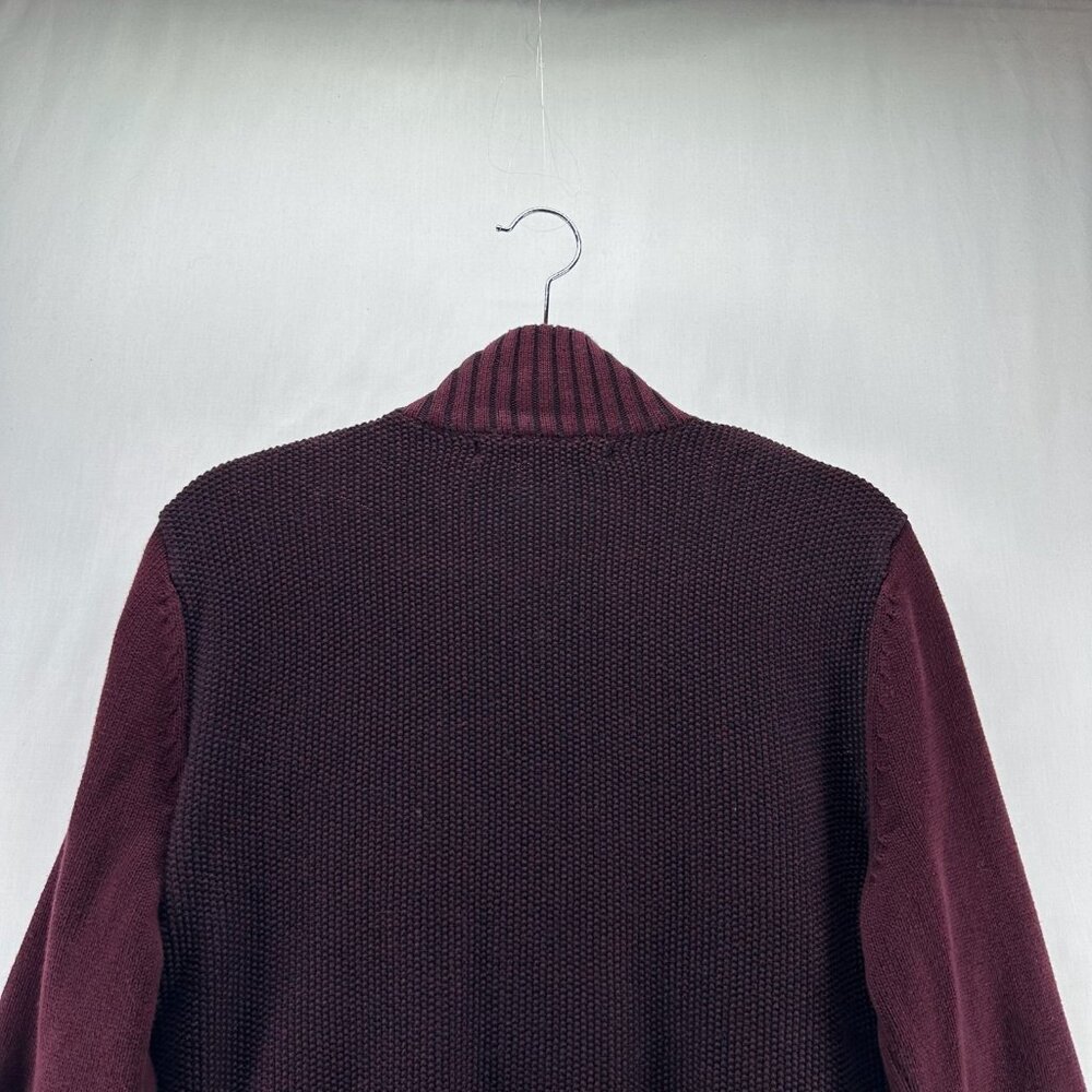 GUESS Cardigan Sweater Mens S Full Zip Mock Neck Cotton Knit Ribbed Trim Maroon - Picture 6 of 12